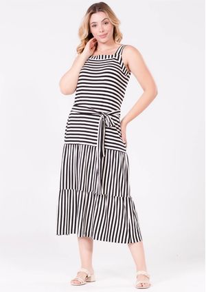 Vestido Pau a Pique Regata Midi Listrado Preto