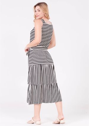 Vestido Pau a Pique Regata Midi Listrado Preto