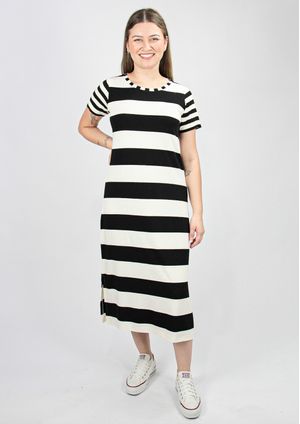 Vestido Pau a Pique Midi Listrado Preto