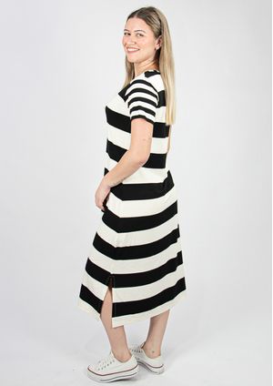 Vestido Pau a Pique Midi Listrado Preto