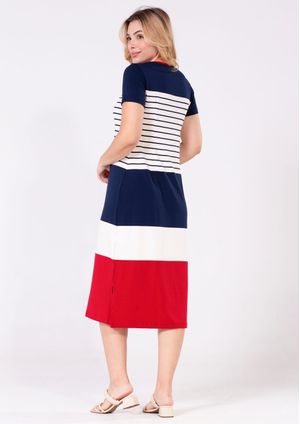 Vestido Pau a Pique Midi Listrado Azul Marinho
