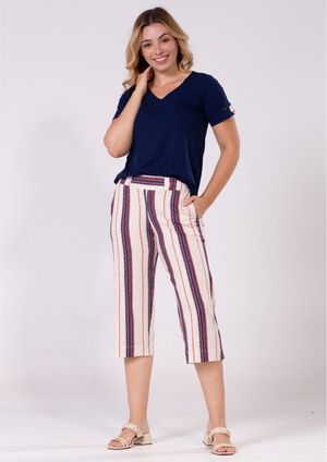 Calça Pantacourt Pau a Pique Listrada Azul Marinho