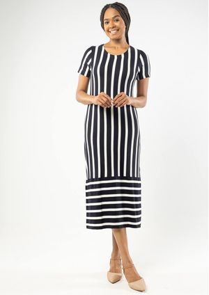 Vestido Pau a Pique Midi Listrado Preto