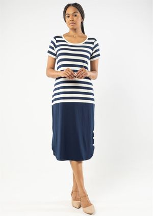 Vestido Pau a Pique Midi Listrado Azul Marinho