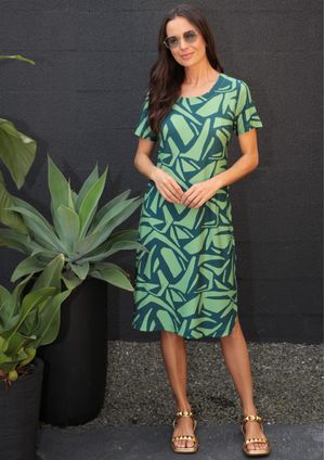 Vestido Pau a Pique Manga Curta Estampado Verde