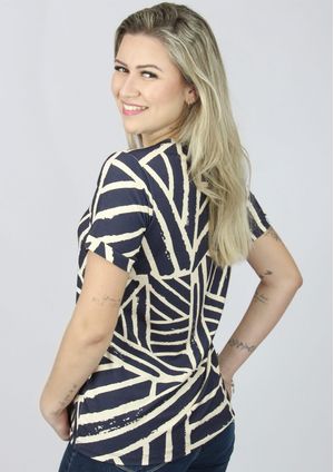 Blusa Pau a Pique Estampada Azul Marinho