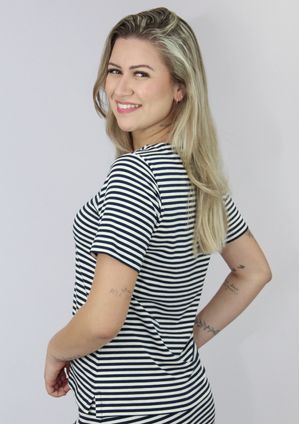 Blusa Manga Curta Pau a Pique Listrada Azul Marinho