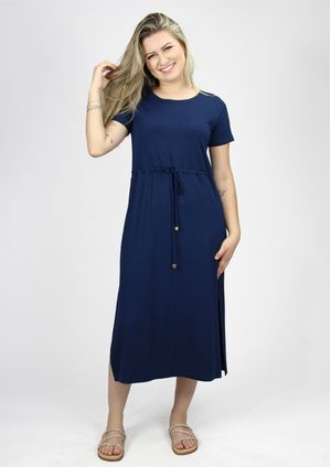 Vestido Midi Pau a Pique Básico Azul Marinho