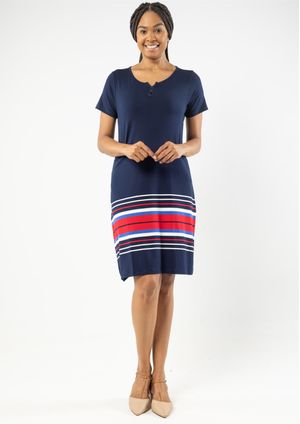 Vestido Manga Curta Pau a Pique Listrado Azul Marinho