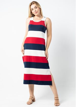 Vestido Regata Pau a Pique Listrado Vermelho