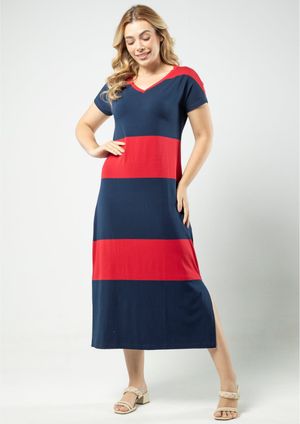 Vestido Manga Curta Pau a Pique Listrado Azul Marinho