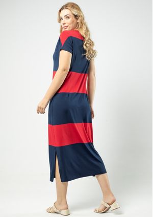 Vestido Manga Curta Pau a Pique Listrado Azul Marinho