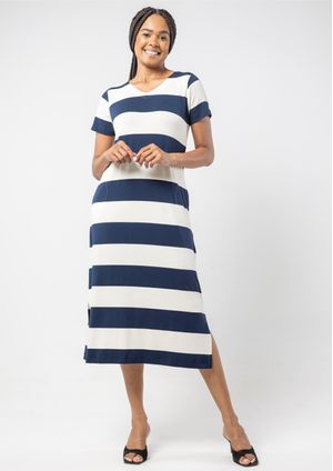 Vestido Manga Curta Pau a Pique Listrado Azul Marinho