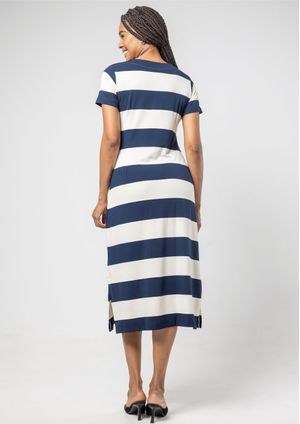 Vestido Manga Curta Pau a Pique Listrado Azul Marinho