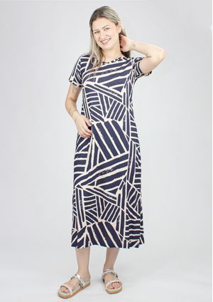 Vestido Midi Pau a Pique Estampado Azul Marinho