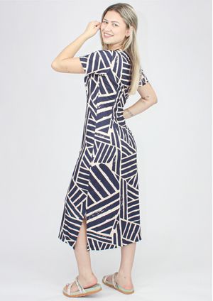 Vestido Midi Pau a Pique Estampado Azul Marinho