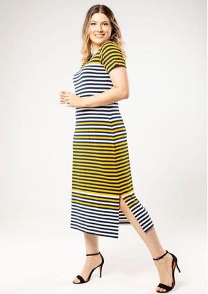 Vestido Midi Pau a Pique Listrado Mostarda