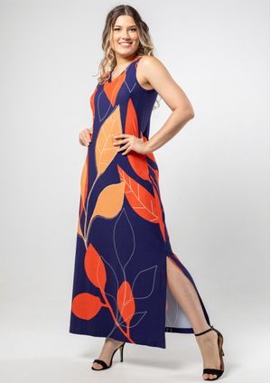 Vestido Longo Pau a Pique Estampado Azul