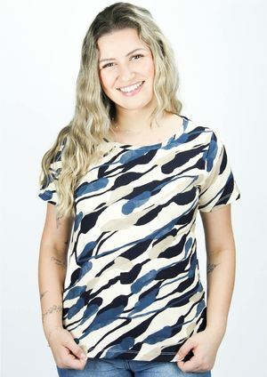 Blusa Pau a Pique Manga Curta Estampada Azul Marinho