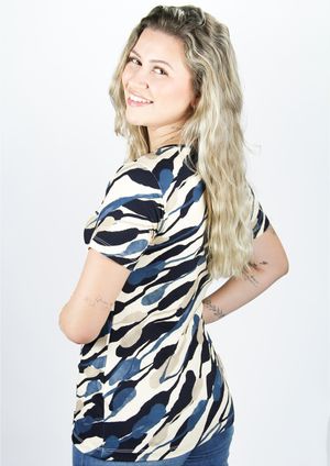 Blusa Pau a Pique Manga Curta Estampada Azul Marinho