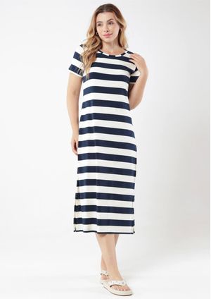 Vestido Midi Pau a Pique Listrado Azul Marinho