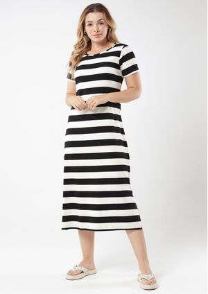 Vestido Midi Pau a Pique Listrado Preto