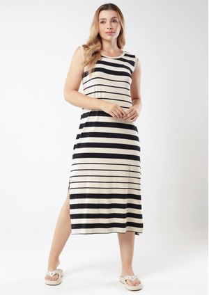 Vestido Midi Pau a Pique Listrado Preto