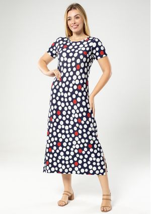 Vestido Midi Pau a Pique Estampado Poá Marinho
