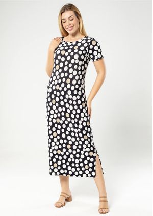 Vestido Midi Pau a Pique Estampado Poá Preto