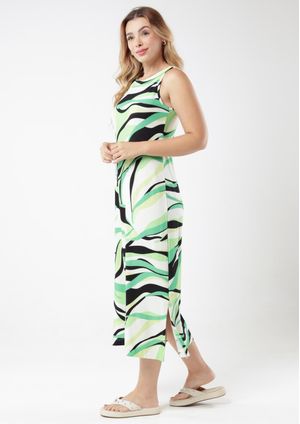 Vestido Regata Midi Pau a Pique Estampado Verde