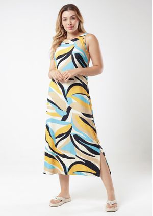 Vestido Regata Midi Pau a Pique Estampado Mostarda