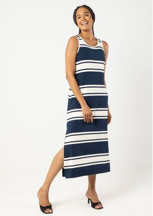 Vestido Regata Midi Pau a Pique Listrado Azul Marinho