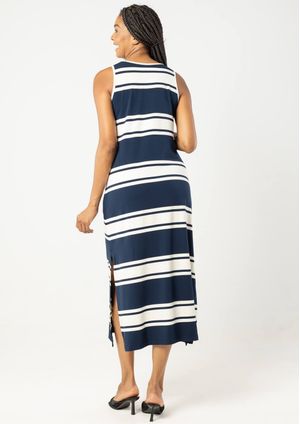 Vestido Regata Midi Pau a Pique Listrado Azul Marinho