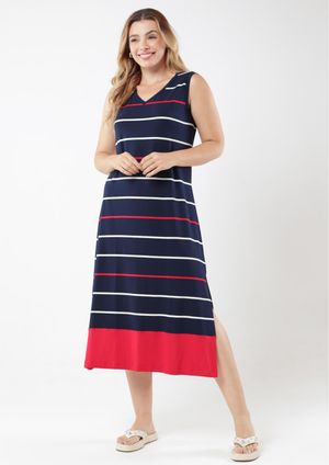 Vestido Regata Midi Pau a Pique Listrado Vermelho