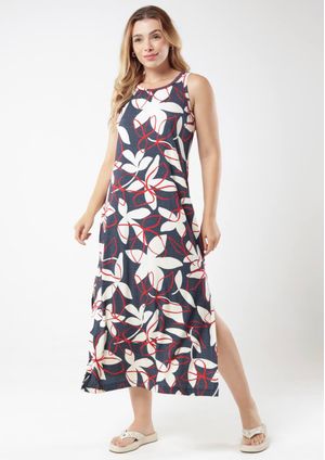 Vestido Midi Pau a Pique Estampado Azul Marinho