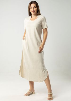 Vestido Manga Curta Pau a Pique Viscolinho Off White