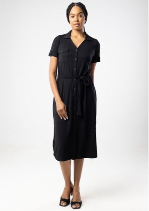 Vestido Chemise Pau a Pique Manga Curta Preto