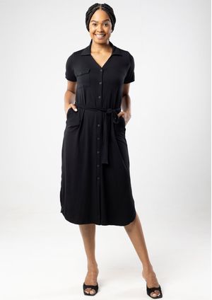 Vestido Chemise Pau a Pique Manga Curta Preto