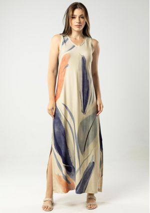 Vestido Longo Pau a Pique Estampado Azul