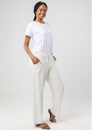 Calça Pantalona Pau a Pique Listrada Off White