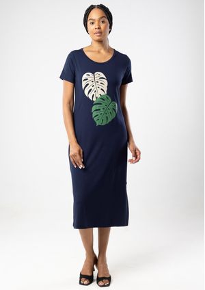 Vestido m/c Pau a Pique Midi Básico com silk Azul Marinho
