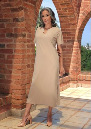 Vestido Manga Curta Pau a Pique Algodão Bege