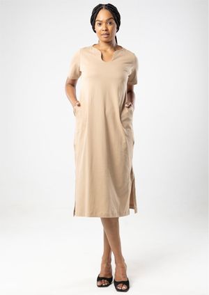 Vestido Manga Curta Pau a Pique Algodão Bege
