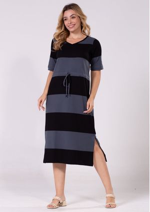 Vestido Midi Pau a Pique Listrado Cinza