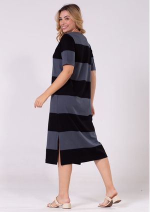 Vestido Midi Pau a Pique Listrado Cinza