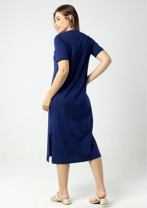 Vestido Manga Curta Pau a Pique Algodão Azul Marinho