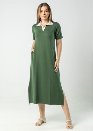 Vestido Midi com gola Pau a Pique Moletinho Verde