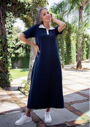 Vestido Midi com gola Pau a Pique Moletinho Azul Marinho