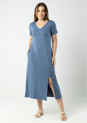 Vestido Midi Manga Curta Pau a Pique Azul