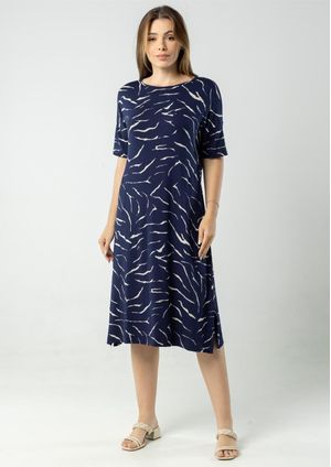 Vestido Midi Pau a Pique Estampado Azul Marinho